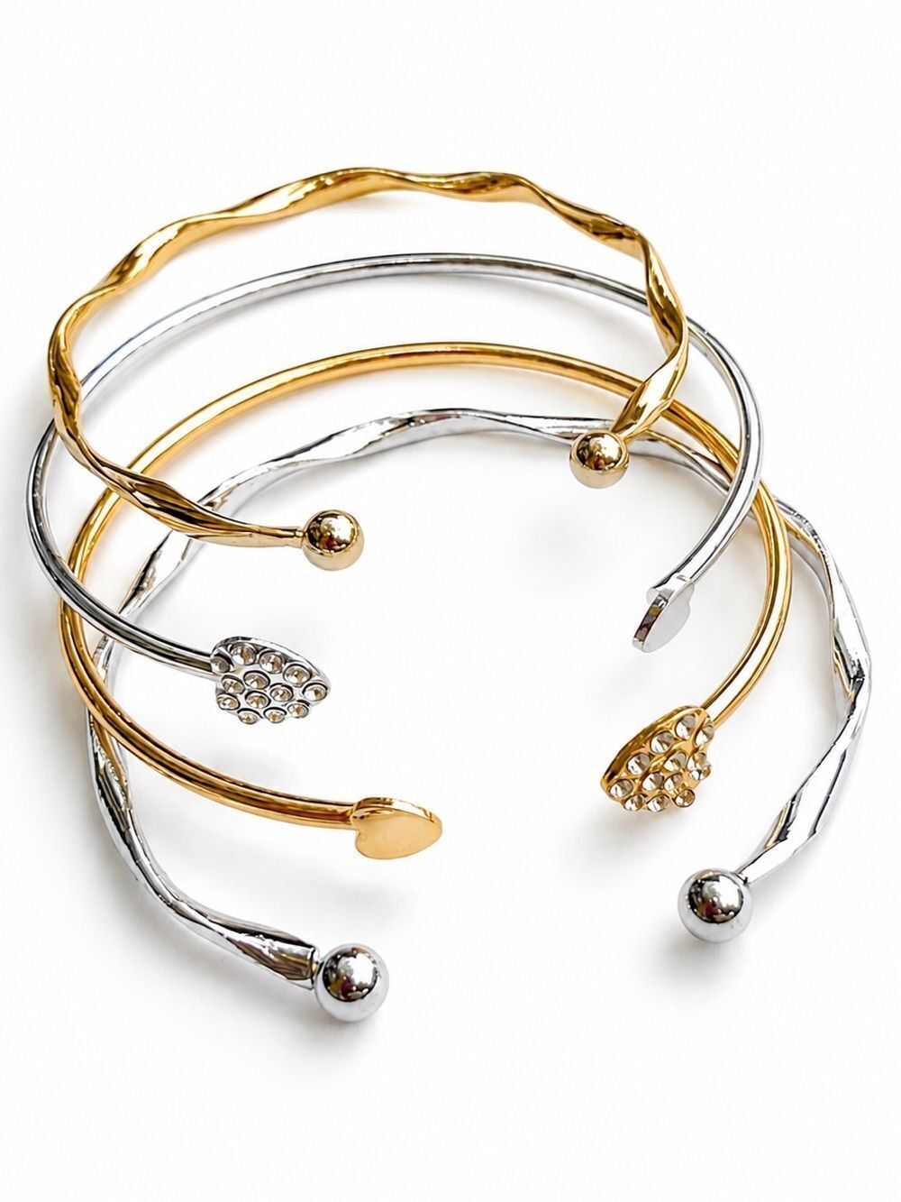 Mixed Metal Heart Cuff Bracelet Set – 4 Gold & Silver Bangles